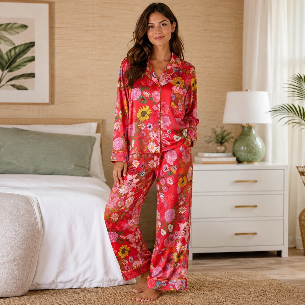 Karen Mabon Floral Garden Pajama Set Womens S Pink Satin Loungewear Whimsical
